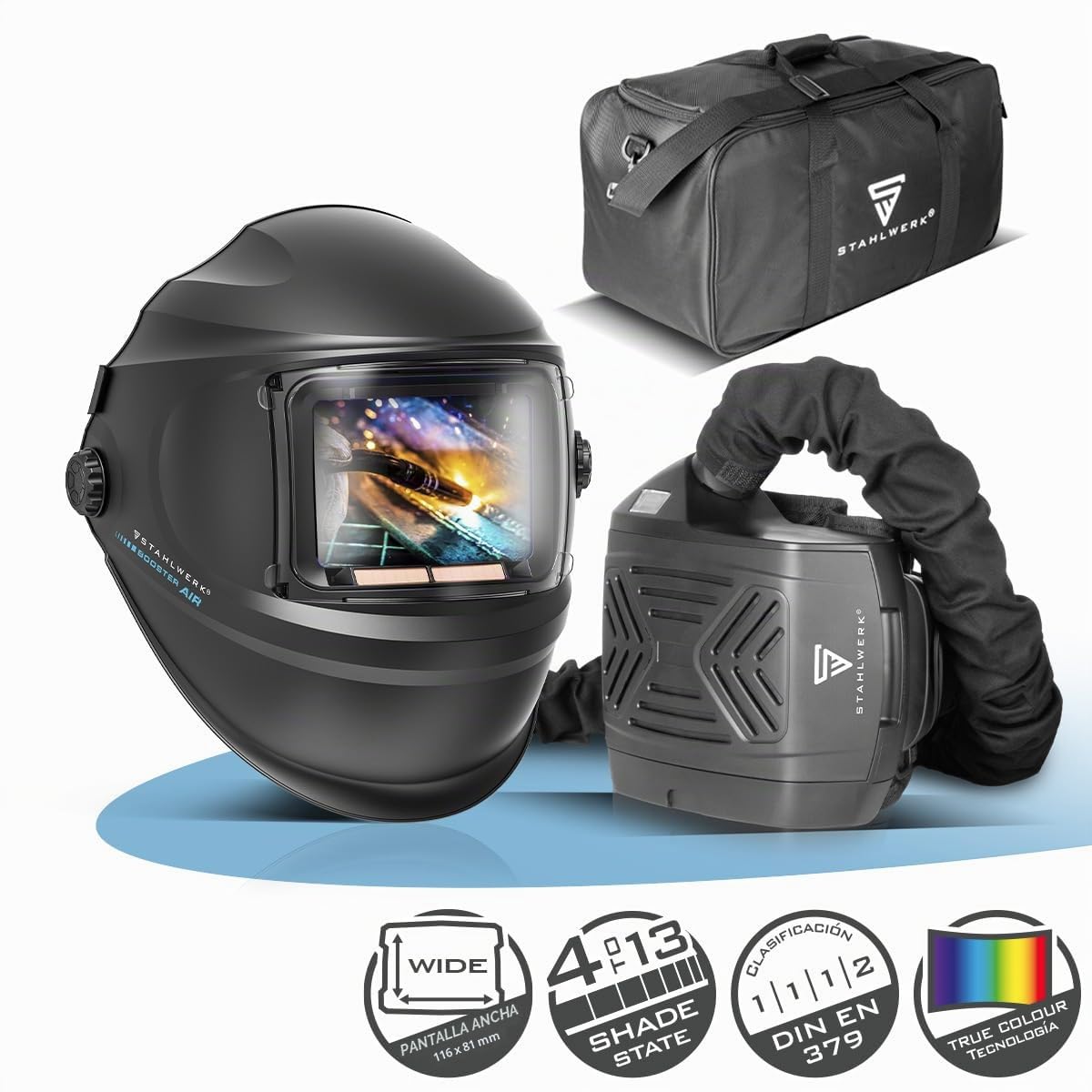 STAHLWERK Casco de Soldadura automático 3 en 1 Booster Air – Casco de Soldador Suministro de Aire Fresco, Sistema PAPR, True Colour, Memoria, oscurecimiento automático DIN 4-13, Clase óptica 1/1/1/2