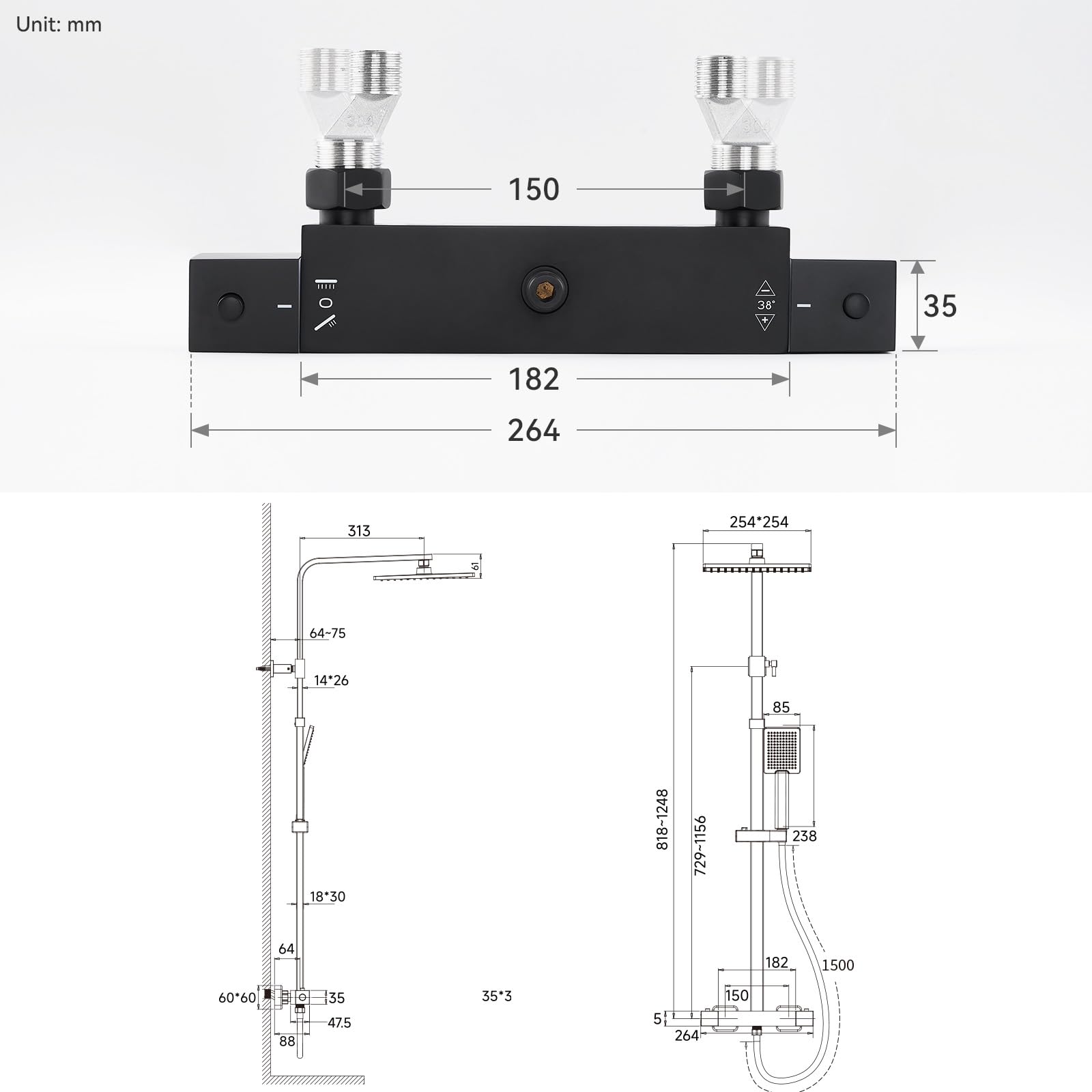 Auralum Colonna Doccia Nera con Miscelatore Termostatico, Miscelatore Doccia Esterno Ottone, Set Doccia Soffione Quadrato 25cmx25cm, Asta Saliscendi Doccia in Acciaio Inox Altezza Regolabile 97-130cm