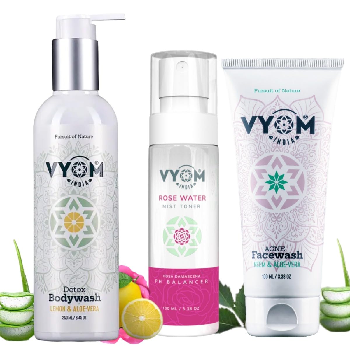 Vyom India Body Care Combo Detox Body Wash(250ml) + Rose Water Spray(100ml) + Acne Face Wash(100ml) For All Skin Type, Certified Purely Organic & Plant Based - Pack of 3-picture-40