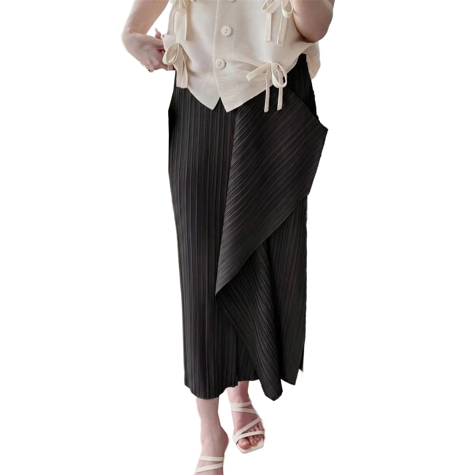 Falda Midi Irregular con Volantes Plisados, Cintura Alta, línea A y fluida para Mujer Black Mediano