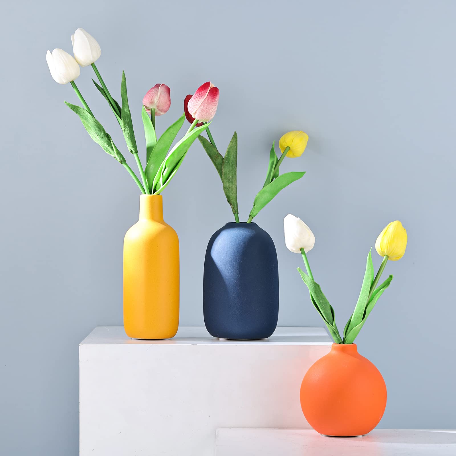 Amazon.co.jp: 陶器 花瓶 3点セット オレンジ 花瓶 青 花瓶 黄色 花器 