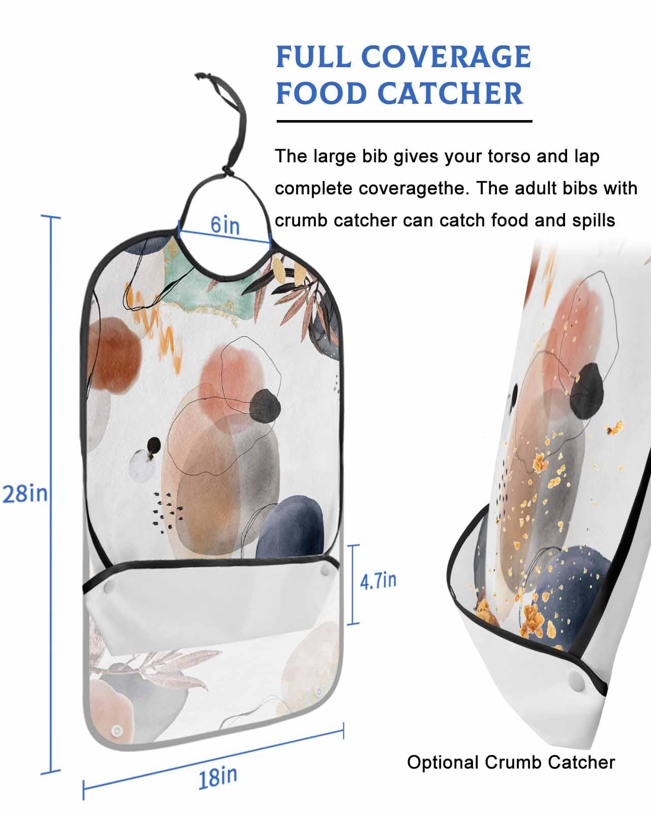 LEOKOTI Middle Century Adult Bibs for Eating, Waterproof Bibs with Food Catcher & Adjustable Snap Closure, Boho Geometric Modern Abstract Art Washable Clothing Protectors Adult Bibs for Elderly