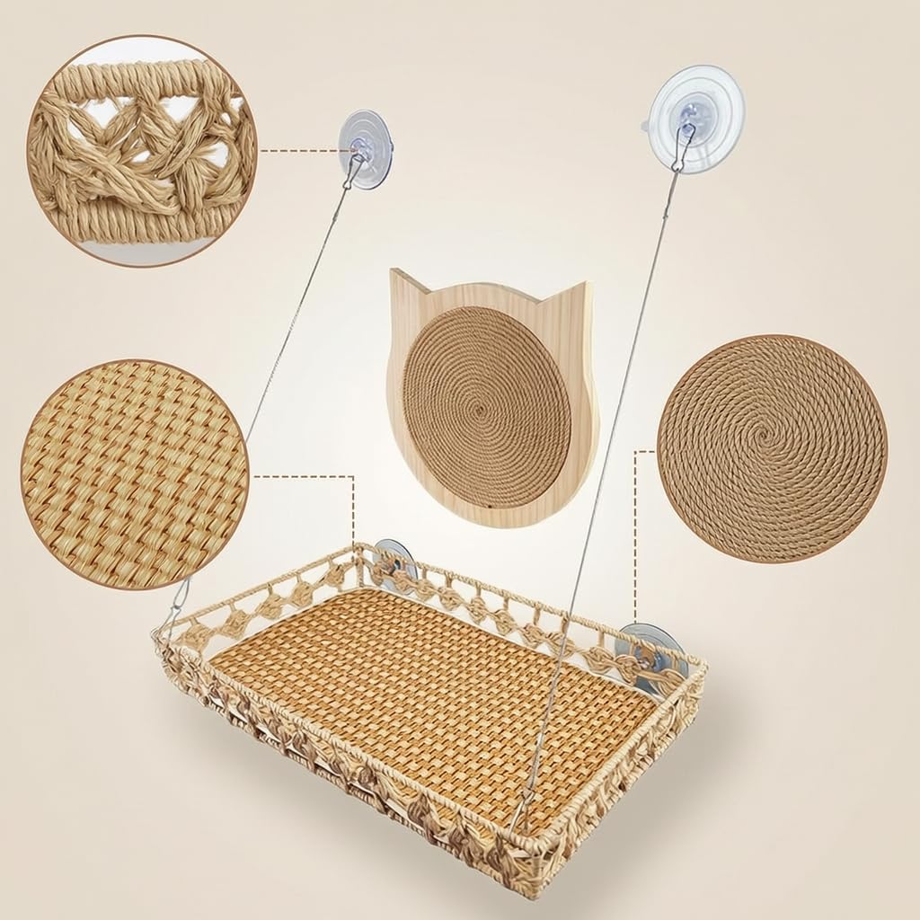 Hamac Fenêtre Chat en Fibres Végétales, Raccords métalliques, Hamac Suspendu Chat, Bain Soleil, pour félins, Beige, Style to 3