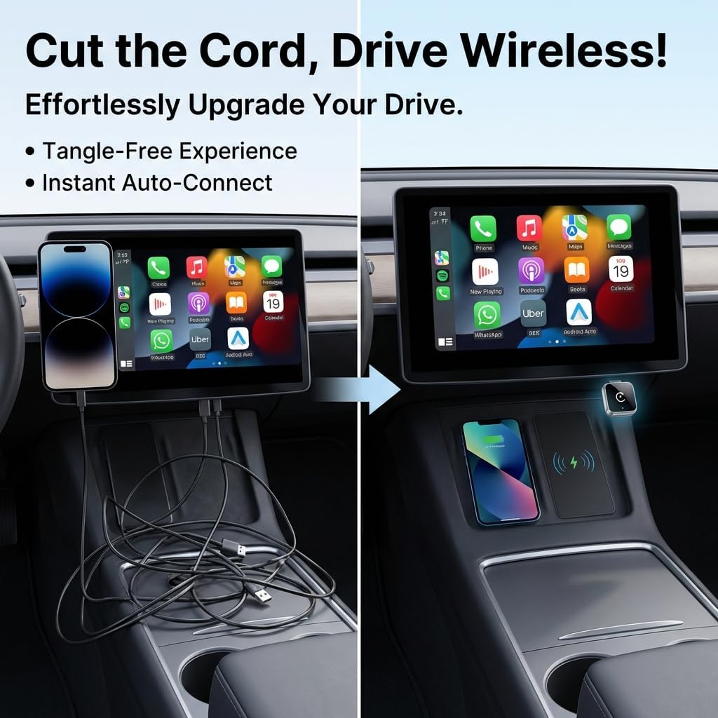 Wireless CarPlay Adapter, 2-in-1 Mini CarPlay & Android Auto Wireless Adapter, Plug & Play, Auto Connect, Car Accessories, Car Play Dongle Compatible with iPhone & Android