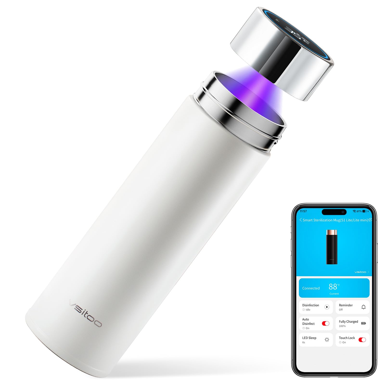 VSITOO 15oz smart self cleaning insulated water bottle white portable travel mug with magnetic charging