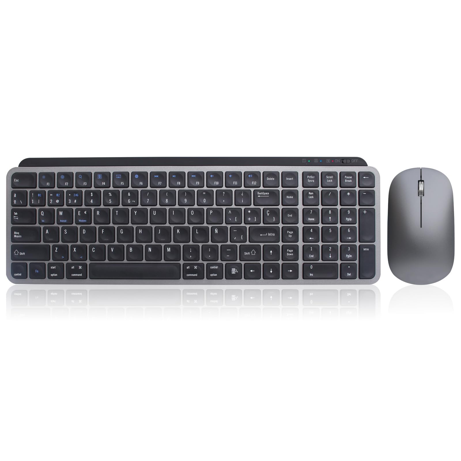 Kit de Teclado y Ratón Español Recargable,Silencioso,Multi Dispositivo,Inalámbrico USB+Bluetooth-Gris