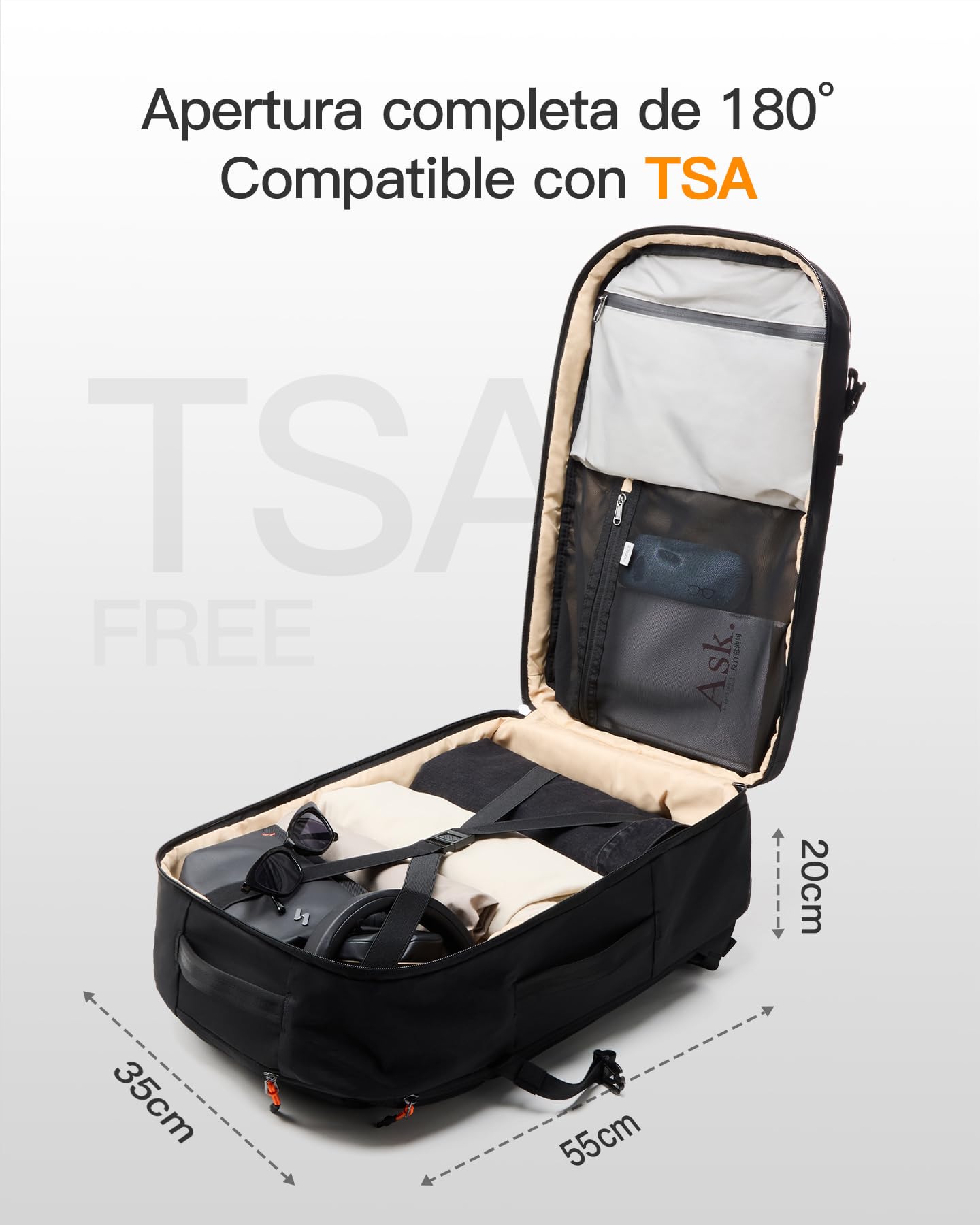 Inateck Mochila de viaje 38,5L de nailon reciclado, mochila de cabina para negocios con acceso rápido TSA, compatible con portátil de 15,6–16", sistema trasero ligero y transpirable