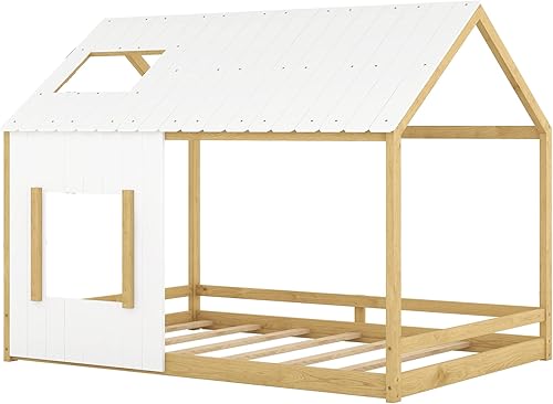 Miniatura 4 de Cama de casa de tamaño matrimonial estilo Montessori marco de cama de madera para niños cama de cabaña divertida con techo y ventana para niñas