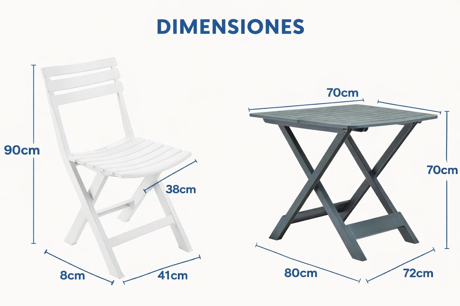 KURIL Conjunto Mesa y 2 Sillas Plegables de Jardín – Set Bistro Exterior para Terraza, Balcón o Piscina – Muebles de Jardín Plegables Resistentes y Compactos