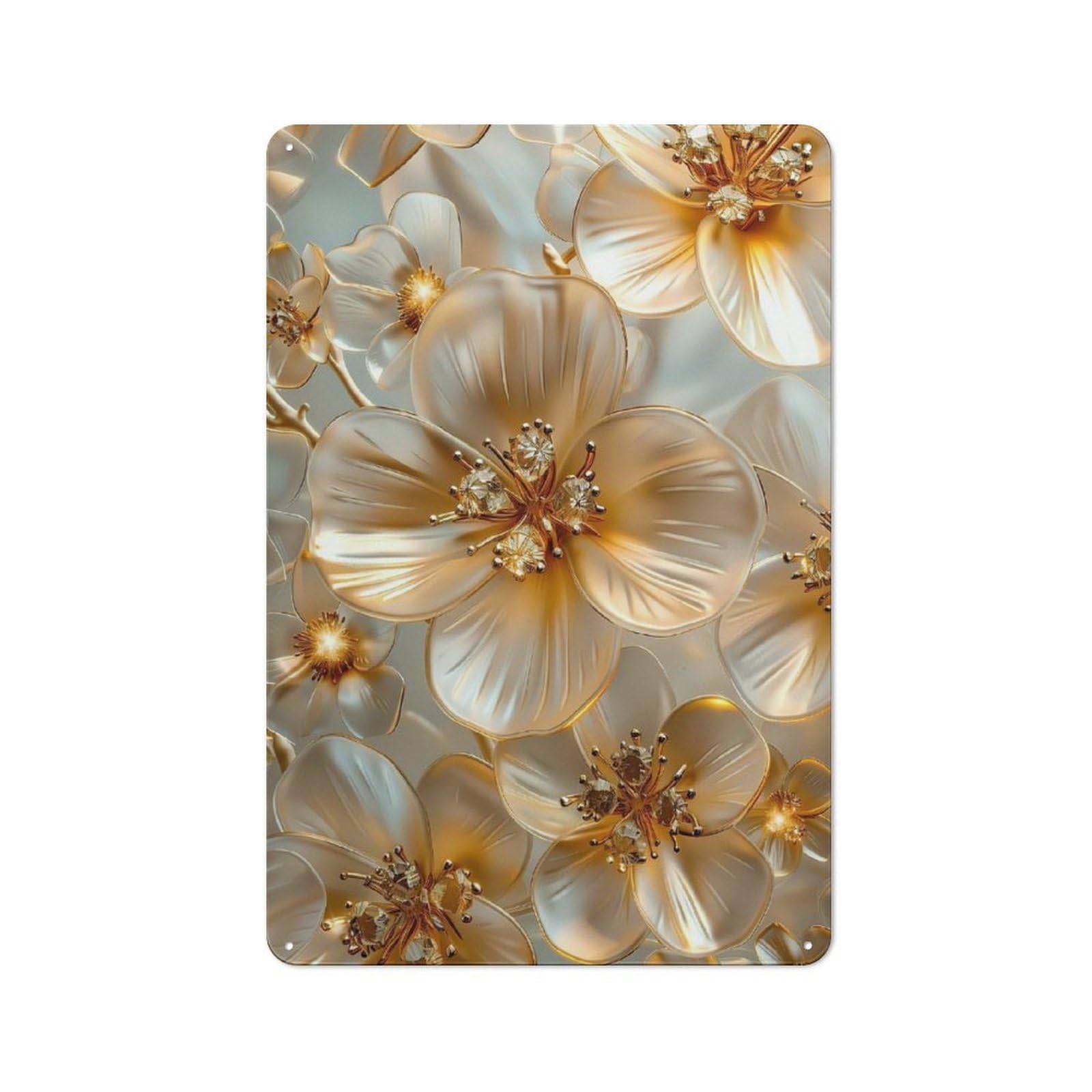 Junmoney Style-21 Decorative Metal Plaque With Golden Flowers Blossom Design 30X20cm, Modern Retro Studio Wall Art For Workspace, Cafe, Hallway Or Garage