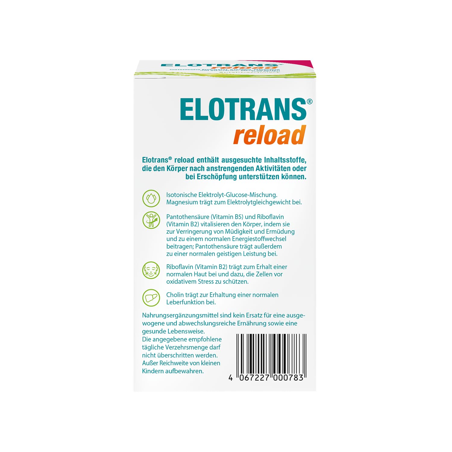 ELOTRANS reload - isotonische Elektrolyt-Glucose-Mischung - Nahrungsergänzungsmittel mit Magnesium, Kaliumchlorid, Cholin und B-Vitaminen - 1 x 15 Beutel - Apfel-Geschmack