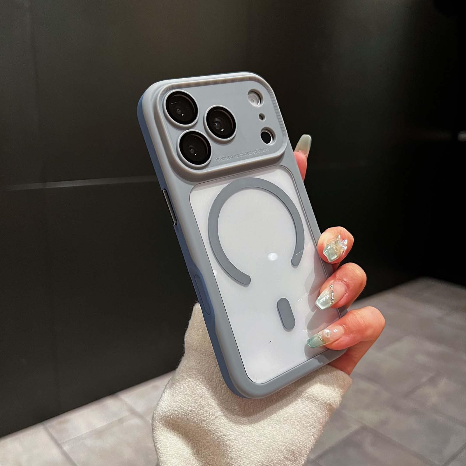 Generic Funda compatible con iPhone 15 Pro (color: gris) Funda magnética a prueba de golpes de silicona rígida transparente