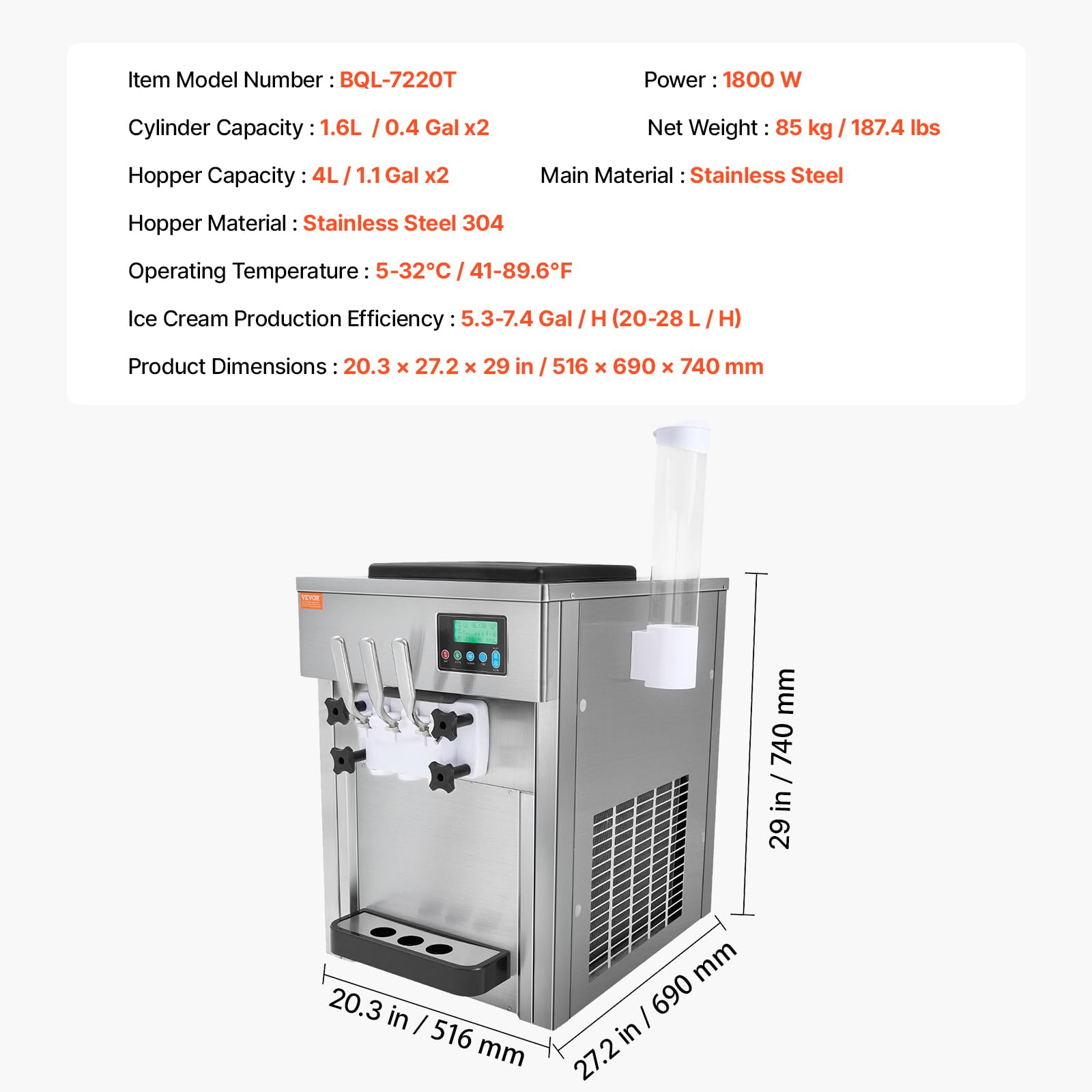 VEVOR Kommerzielle Eismaschine, 1800 W, 3-Geschmacksrichtungen, Softeismaschine Arbeitsplatte, 2 x 4 L Trichter, 2 x 1,8 L Zylinder, LCD-Bildschirm, Automatische Reinigung, Vorkühlung