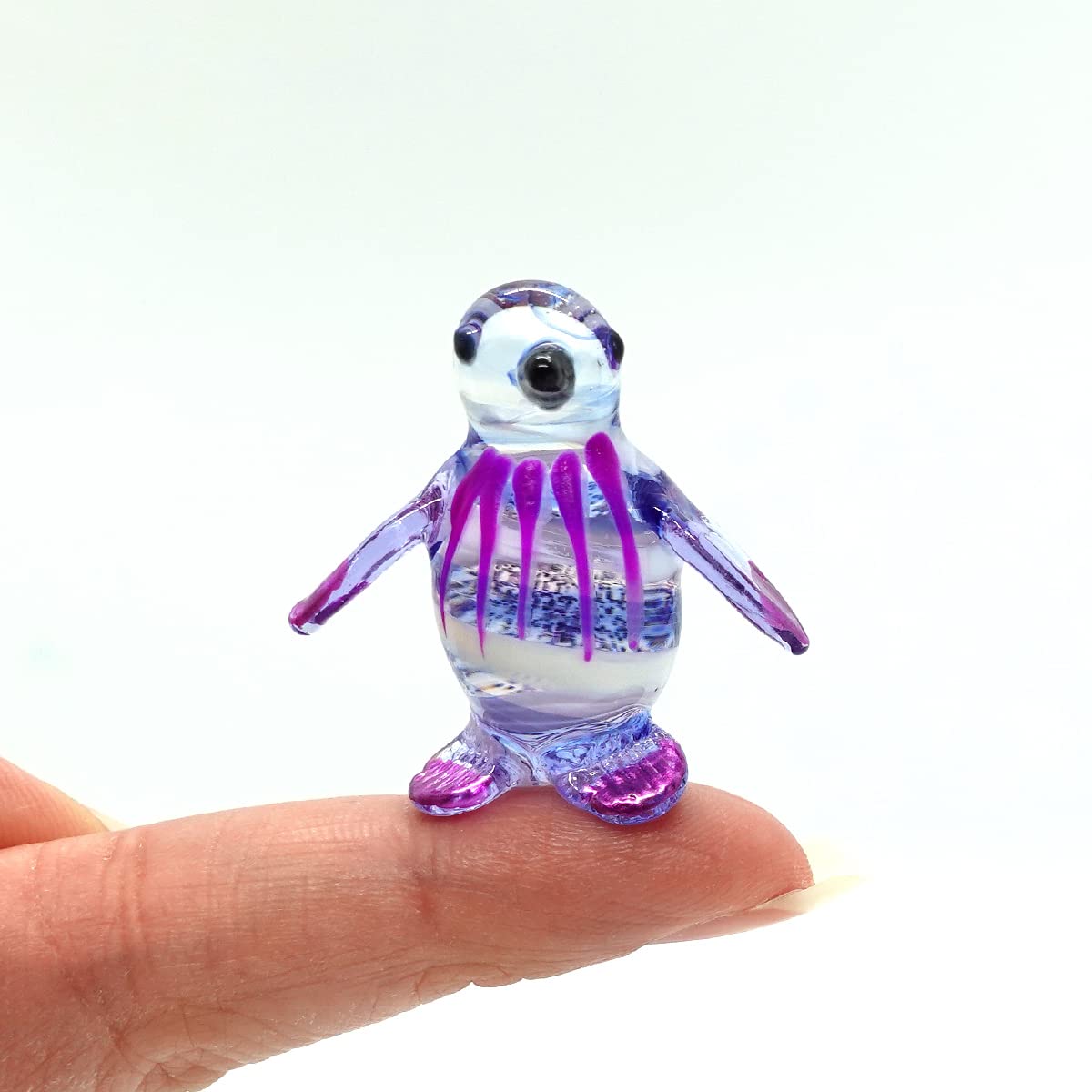 Penguin Tiny Micro Figurines Hand Blown Glass Art Bird Animals Collectible Gift Home Décor (Blue Purple)