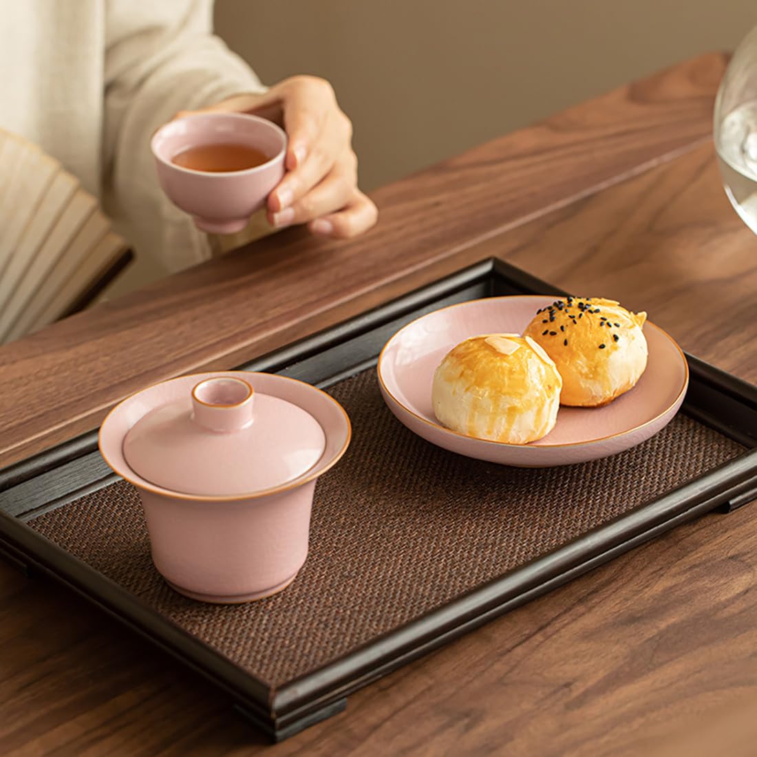Amazon.co.jp: 仿汝窯 磁器 ピンク 三才蓋碗 茶杯 茶こし 茶海 茶壺