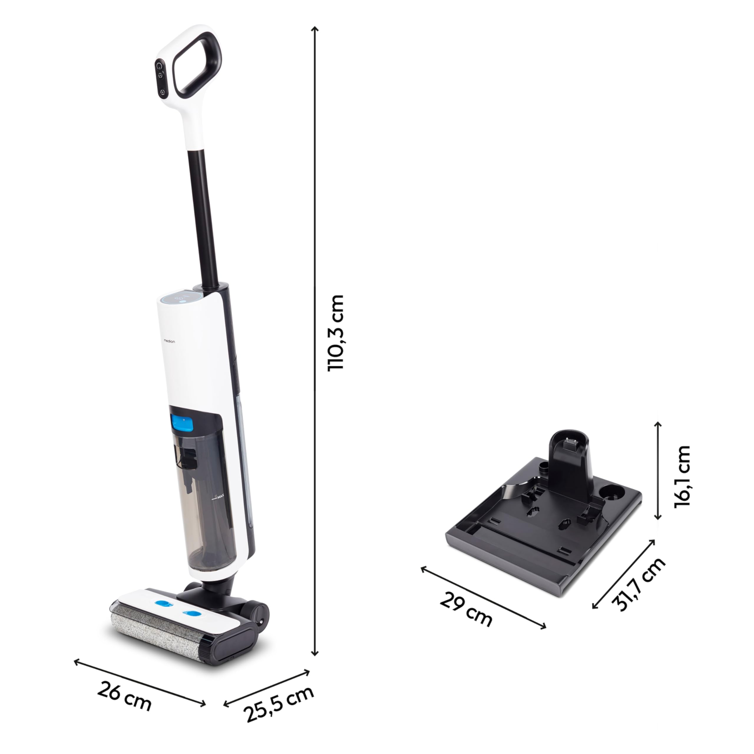 MEDION Saugwischer H20 (Nasssauger kabellos, Akku mit bis zu 30 Min Laufzeit, Bodenwischer elektrisch für Hartböden, getrennter Frischwasser und Schmutzwassertank, Selbstreinigungsfunktion)