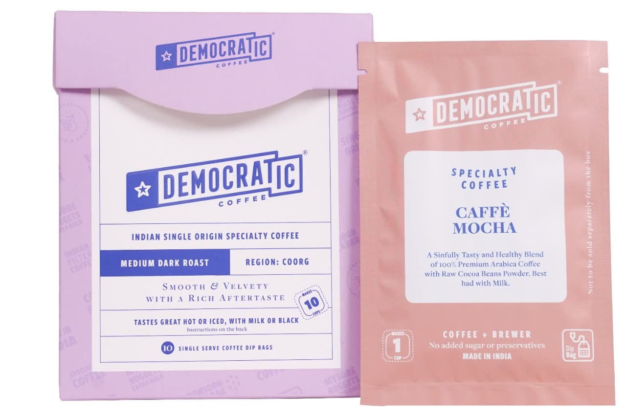 Democratic Coffee Caffe Mocha Dip Bags, Pack of 10 Bag (Makes 10 Cups)| Medium-Dark Roast - Premium Arabica Beans With Raw Cocoa Beans Powder | Fresh & Natural Instant Hot Brew - No Equipment Required