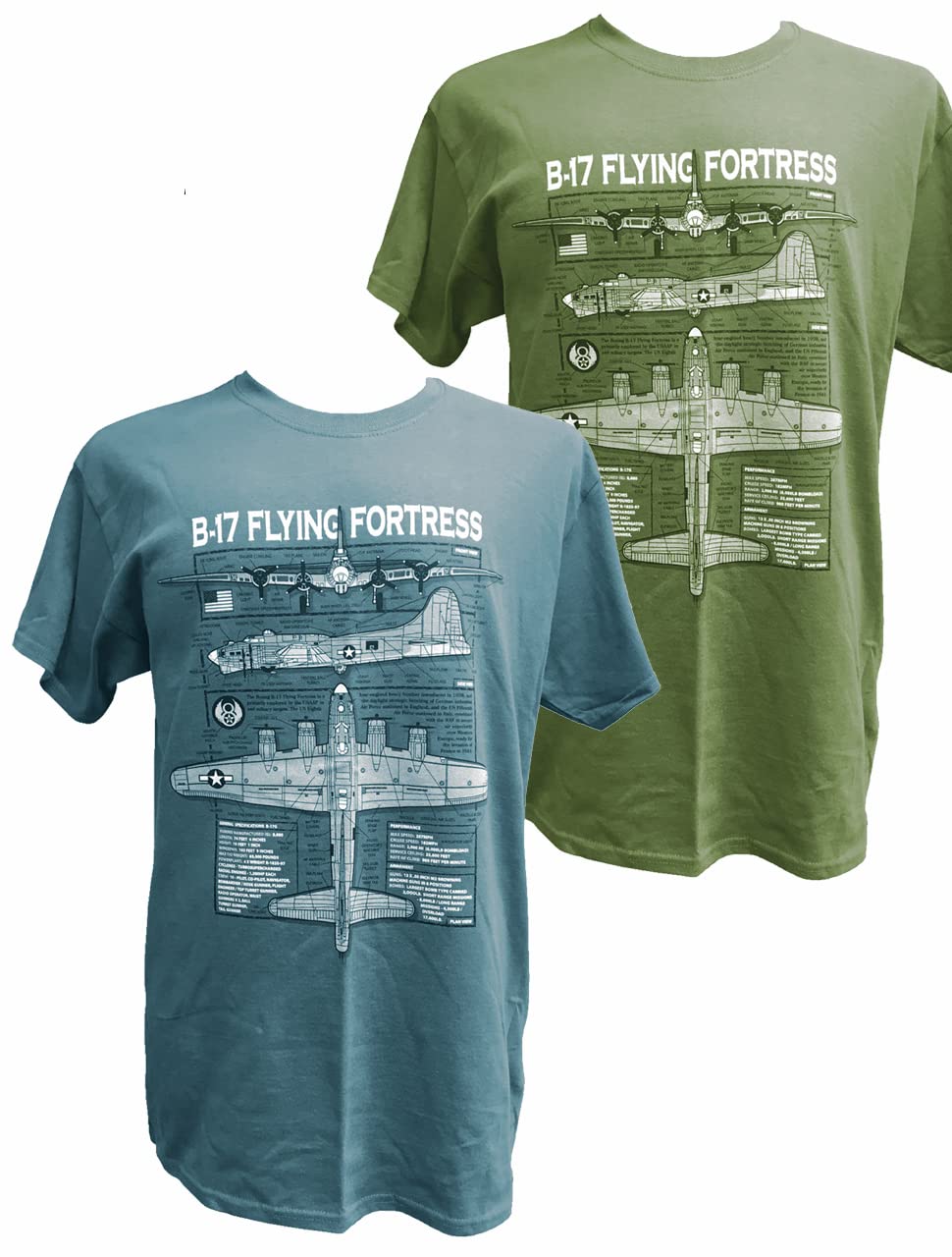 The Wooden Model Company Ltd B17 Flying Fortress WW2 USAF/RAF Four Engine Heavy Bomber Military T Shirt with Blueprint Design. Olive Green
