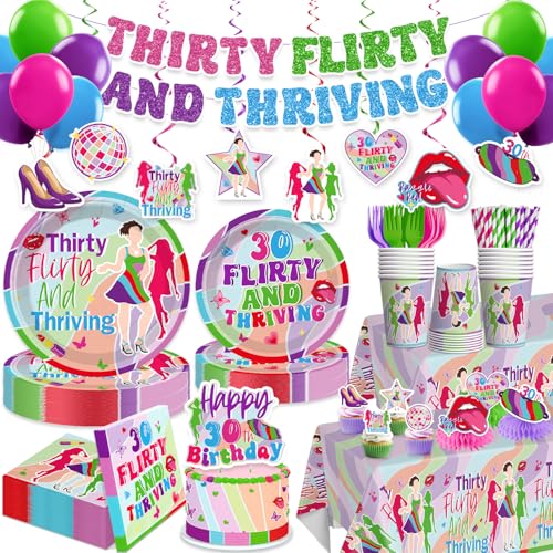 205pcs Thirty Flirty and Thriving Decorations-Serves 25 All-in-one 30 Flirty and Thriving Birthday Decorations with 350gsm Plate Tablecloth Centerpiece Balloon Banner Cake Topper Etc