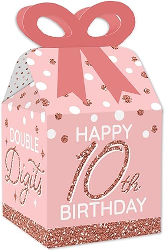 Big Dot of Happiness 10 cumpleaños de oro rosa rosa - Cajas de regalo cuadradas de recuerdos - Cajas de lazo para fiesta de cumpleaños - Juego de 12