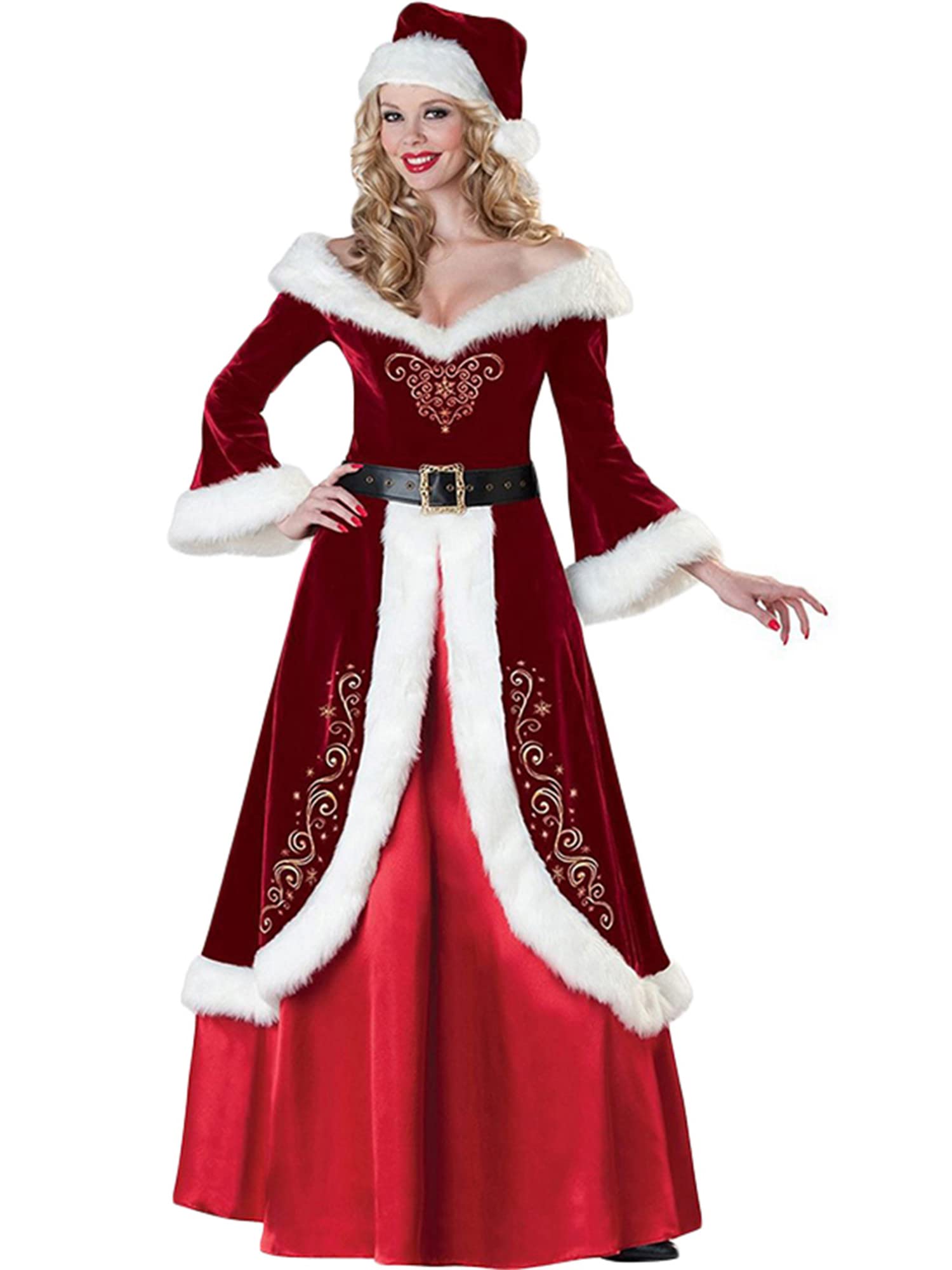 Svuitmsl Christmas Santa Claus Costume Outfits Luxury Deluxe Velvet Cosplay Fancy Dress Xmas Party Novelty Tops Pants Cosplay (E-Red Woman, XL)