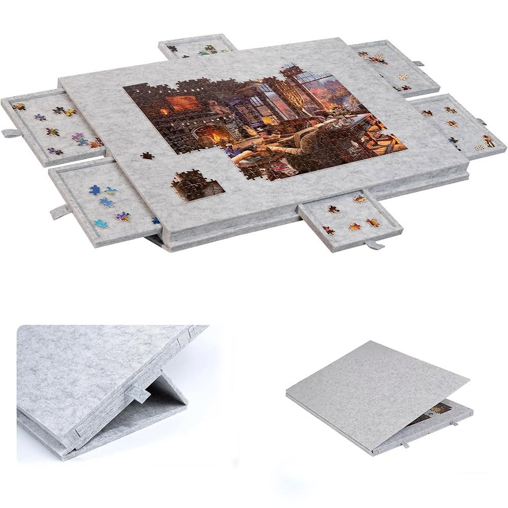 Ccarzzi Tilting Jigsaw Puzzle Board, Foldable Puzzle Board with 2-in-1 Designed Stand & Cover, Lightweight Felt Jigsaw Board with 6 drawers, Up to 1000 Pieces(Silver Gray)
