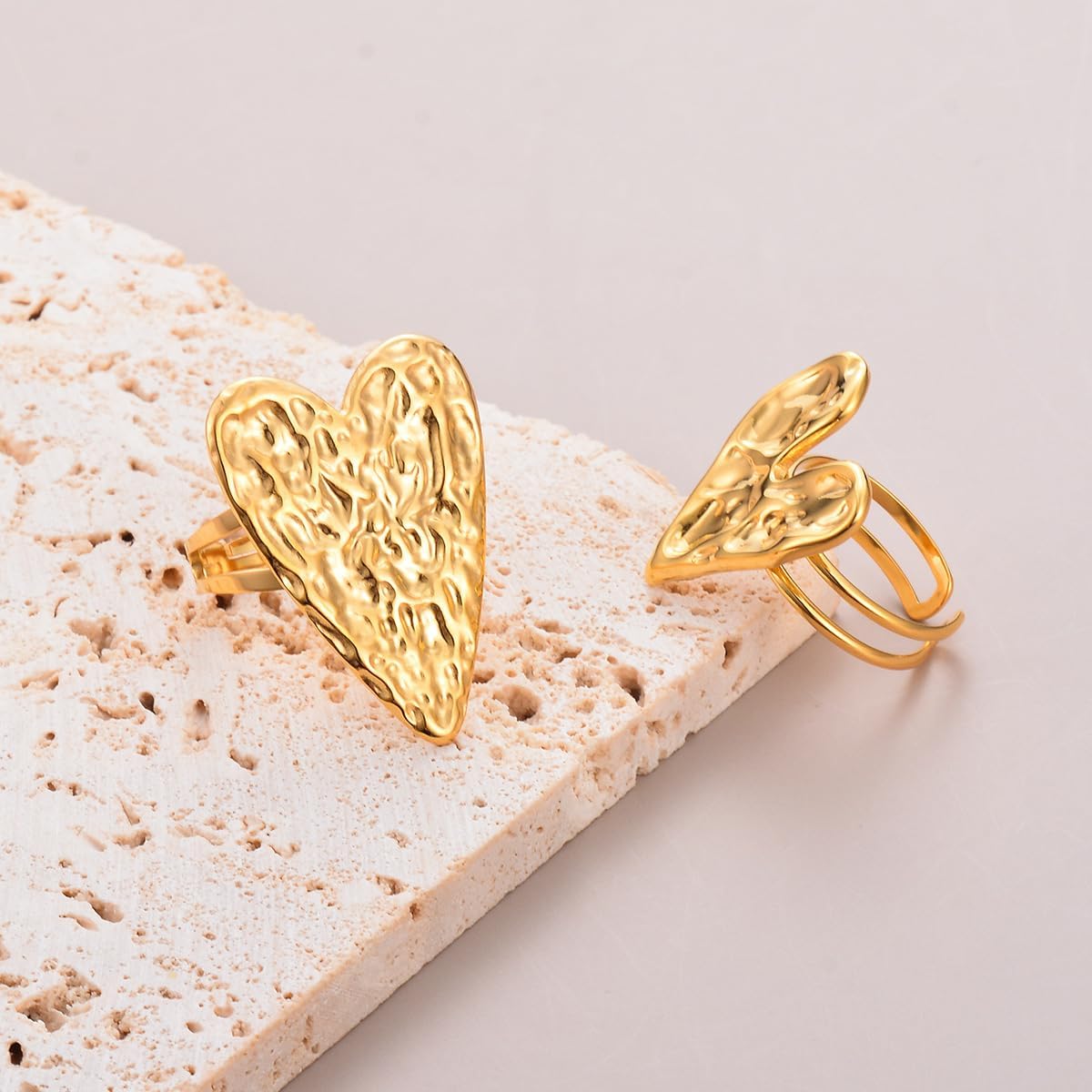 Hammered Heart Statement Ring Stainless Steel 14k Golden Plated Big Love Hearted Expandable Open Finger Bands Adjustable Chic Wedding Promise Eternity Chunky Rings Fashion Valentine's Day Jewelry Gifts for Women Girls Bride - Image 6