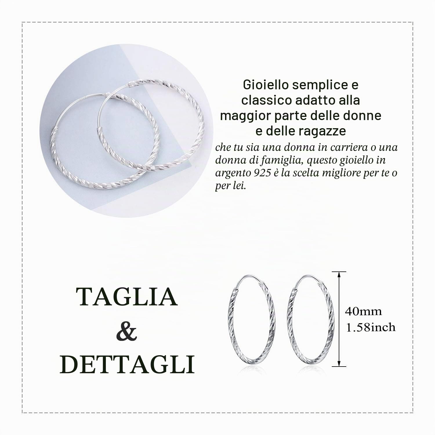 Orecchini Cerchio in Argento Sterling 925 Diamond Cut Infinito Cerchio per Donna, diametro 30mm