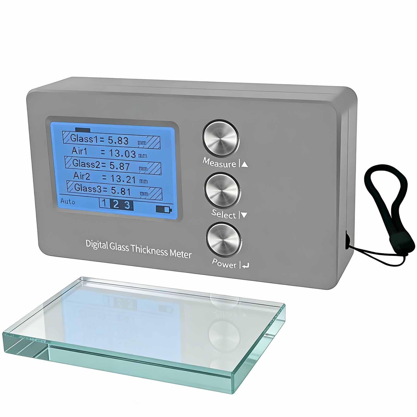 Medidor de Espesor de Vidrio con Pantalla LCD, Precisión de ±0,1 mm, Rango de Vidrio de 70 mm y Espacio de Aire de 45 mm, para Medir Vidrio Laminado y Aislante en Ventanas, Puertas
