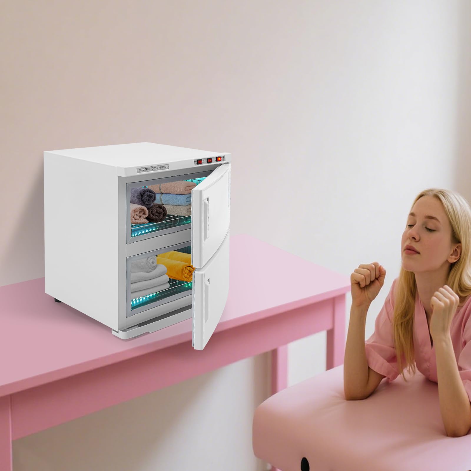 Handtuchwärmer | 2-stufiger elektrischer Handtuchwärmer | Edelstahl | 11 Gallonen Kapazität | 3D-Erwärmung & UV-Sterilisation | Für Salon, Spa, Hotel & Zuhause | 412W | 220V (Weiß)