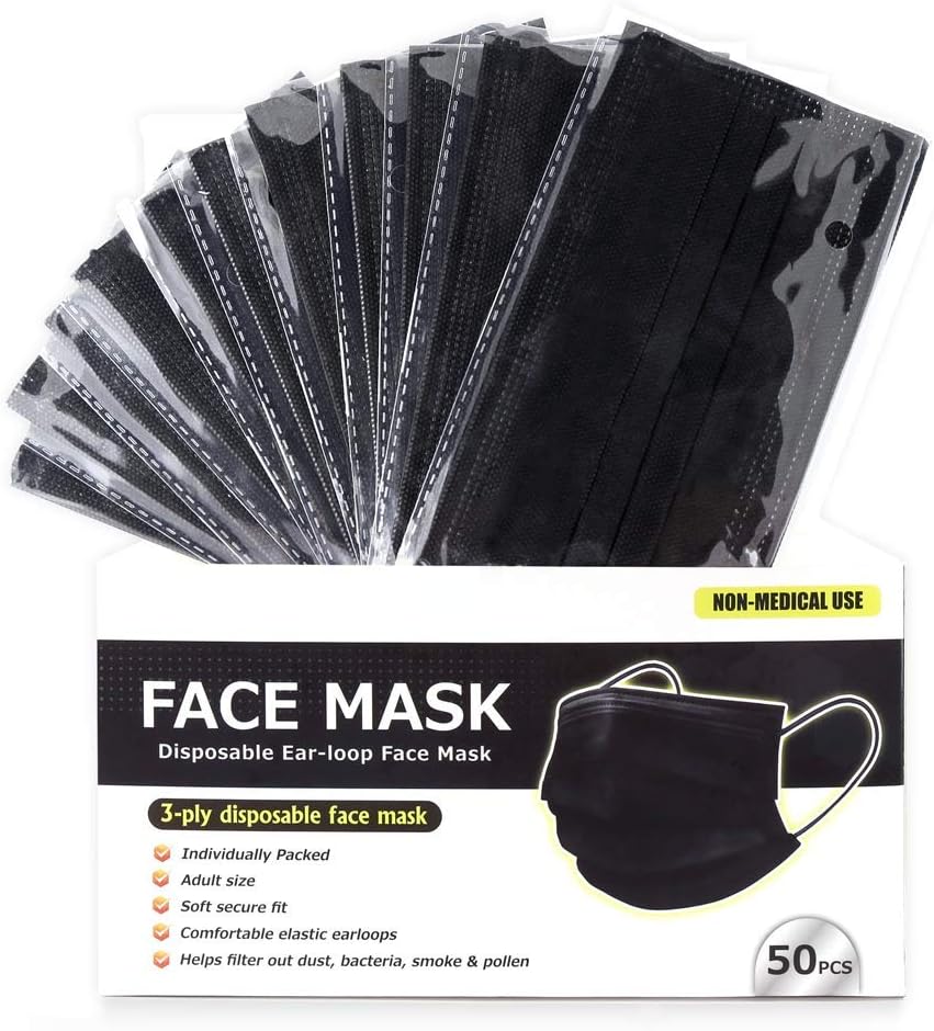 INGEAR Black Disposable Face Mask 3 Layer Anti-Dust Earloops Protective Cover Mask (100 Pack)