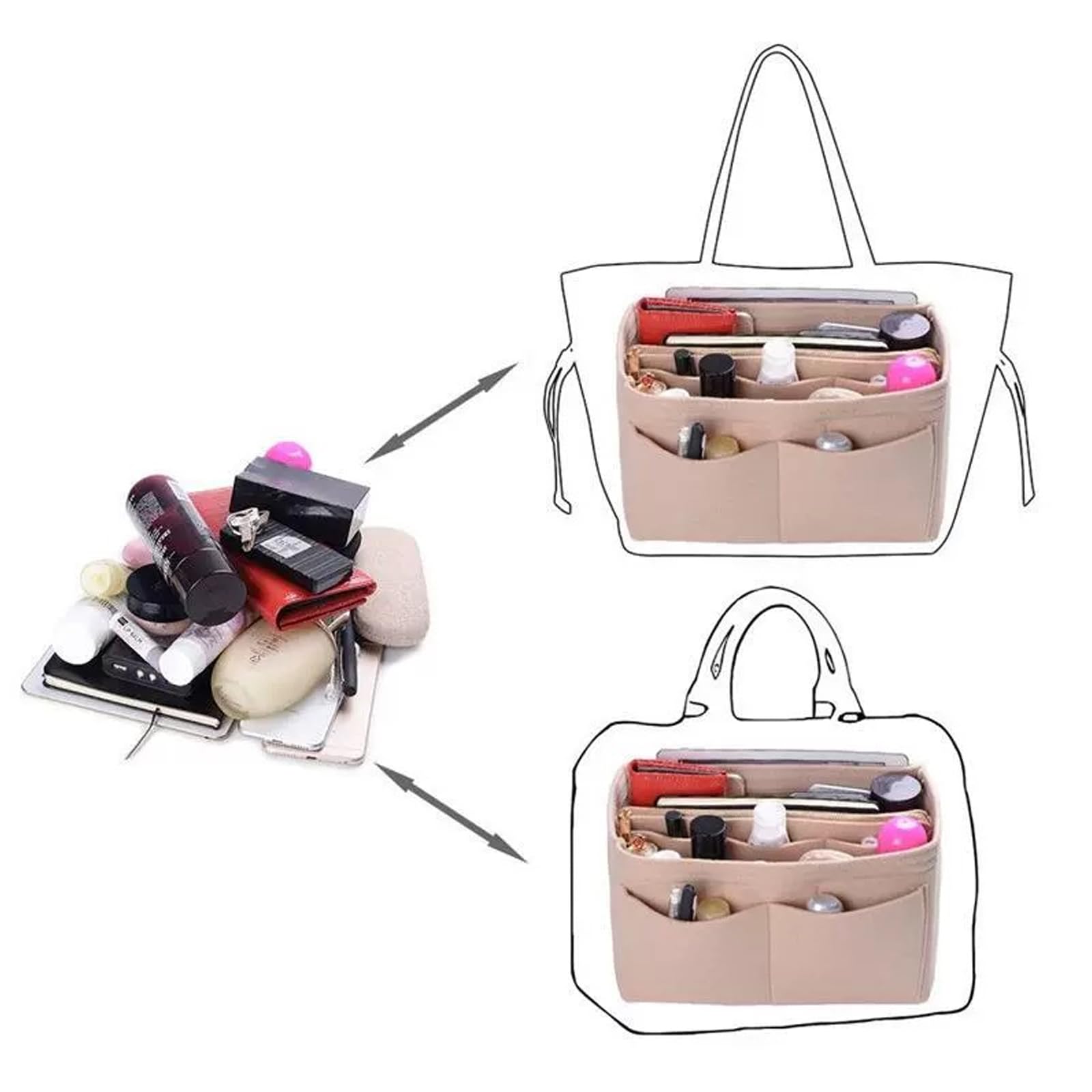 Beżowy filcowy organizer do torebki, wielofunkcyjna kosmetyczka, organizer do torebki, 2 w 1 wkład z oddzielnymi kieszonkami do torebek dla kobiet, średni (27 * 16 * 16 cm)