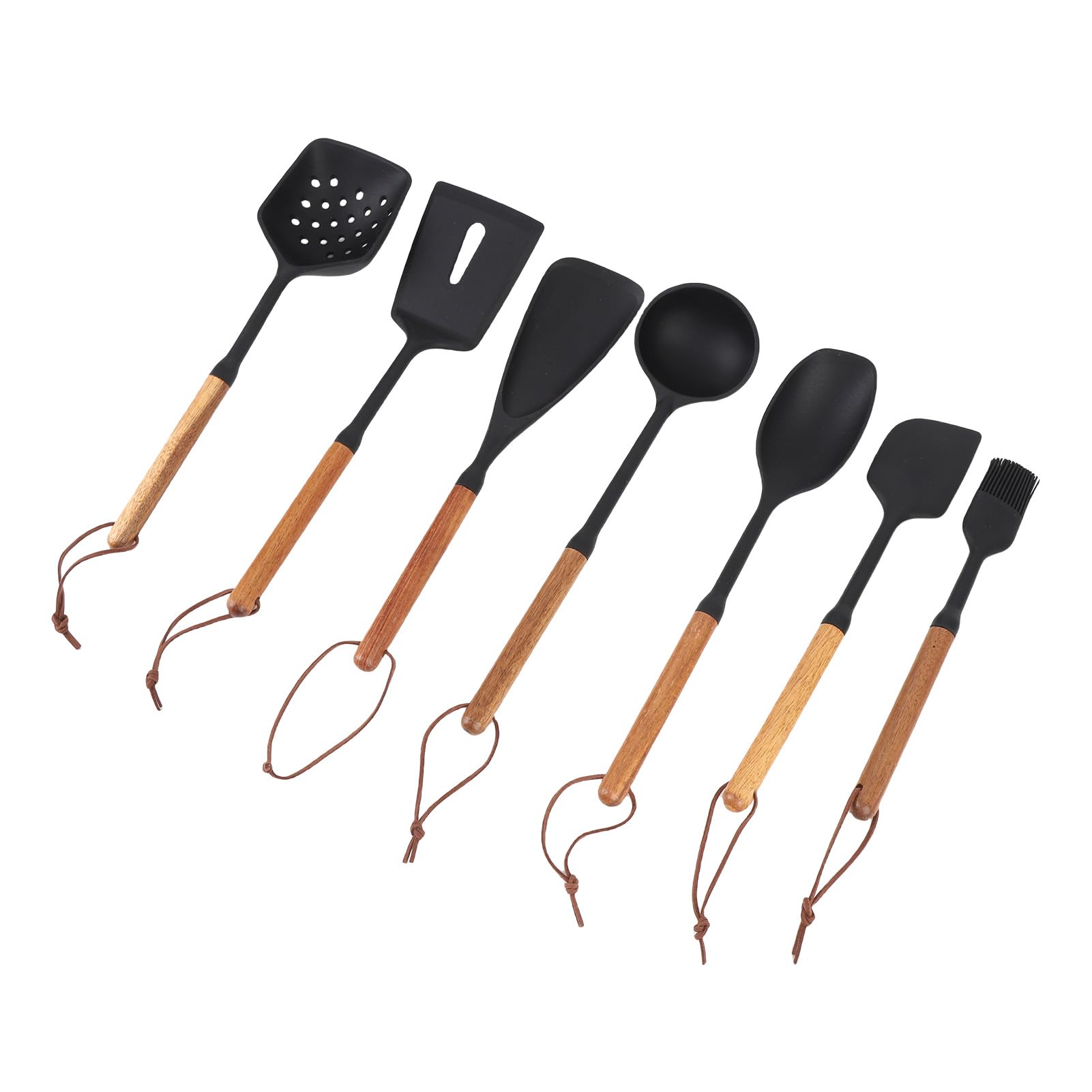 Ensemble D'ustensiles de Cuisine Antiadhésifs en Silicone Résistant à la Chaleur pour Faire Frire le Service Bouillant, 7 Pièces avec Manche en Bois, Spatule de Cuisson, Cuillère Tournante,