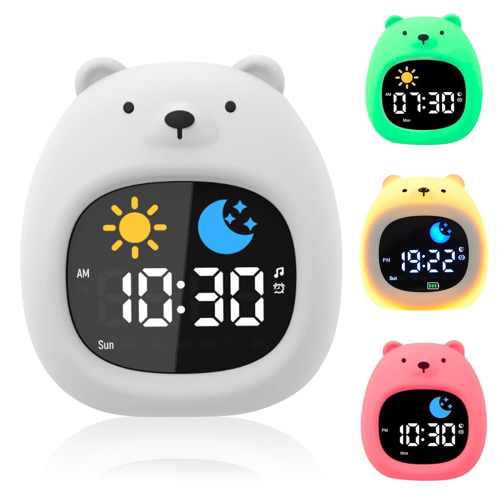 Kids Bear Alarm Clock with Night Light, 18 to 32h Rechargeable Silicone Lamp OK to Wake Clock with White Noise
