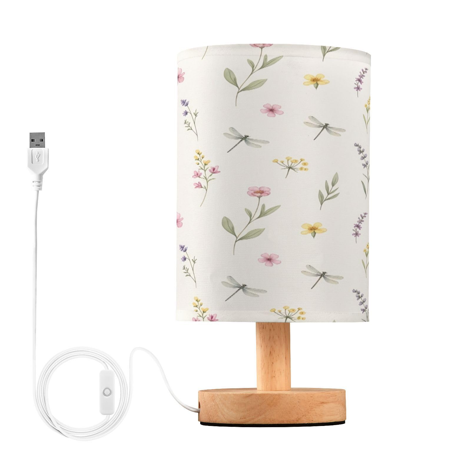 Cgiub Watercolor Flower Bedside Table Lamp for Bedroom LED Nightstand Lamp with Wood Base & USB Port Linen Shade Desk Light for Nursery Decor
