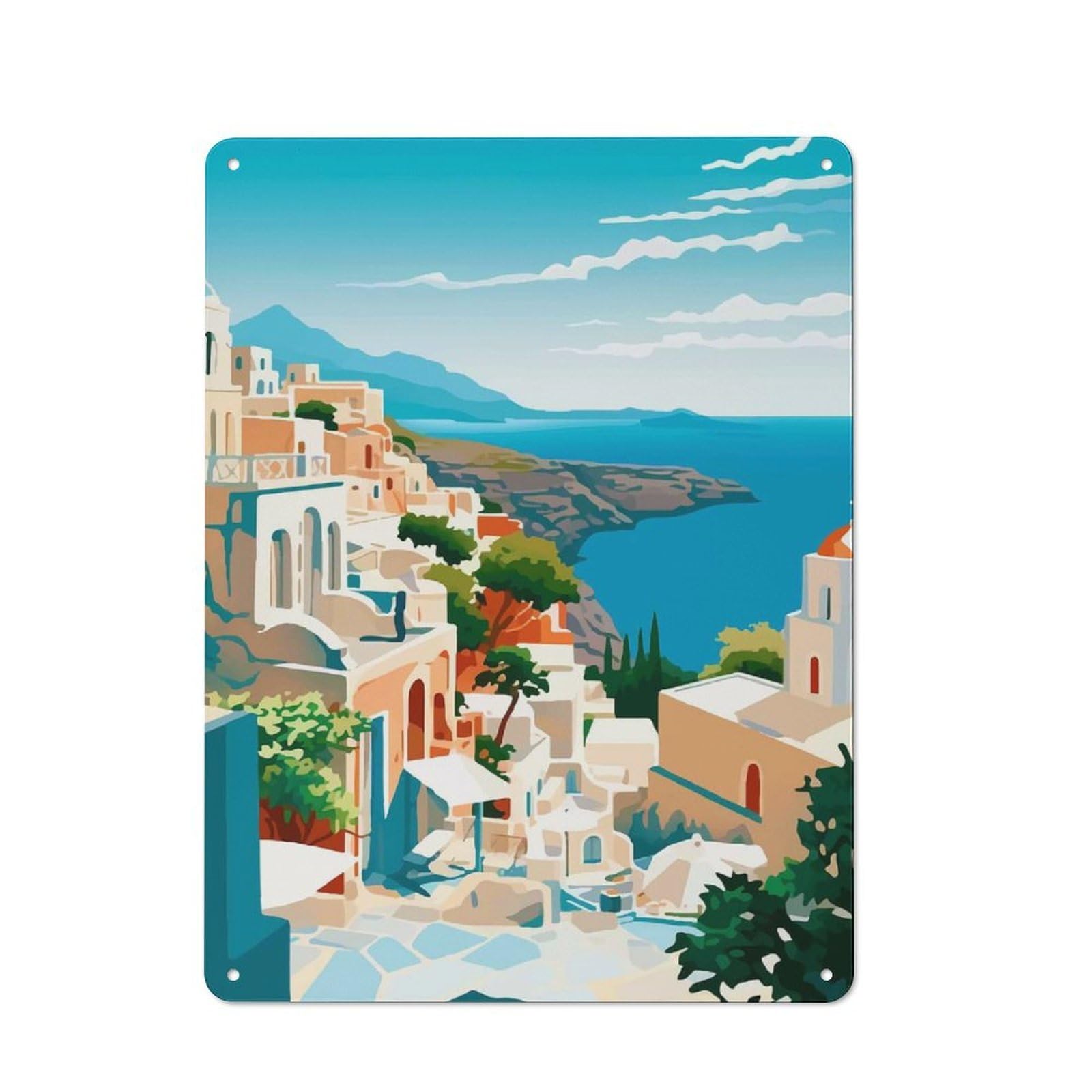 Junmoney Style-4 Old Style Mediterranean Village Seascape Decorative Tin Plaque 40X30cm, Bar Wall Plaque For Bar, Kitchen, Garage Or Games Room