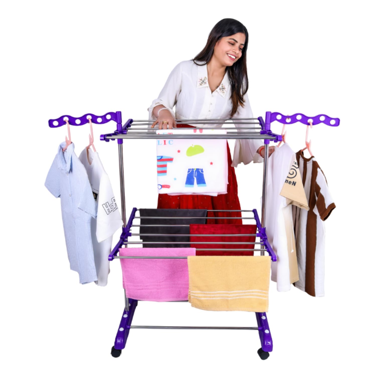 UNIZONE Stainless Steel 2-Tier Cloth Dryer Stand | Foldable Laundry Drying Rack with Double Rack Design,16 Hooks & 12 Hanger Slots | Portable Single Pole Stand for Indoor & Outdoor-image-14