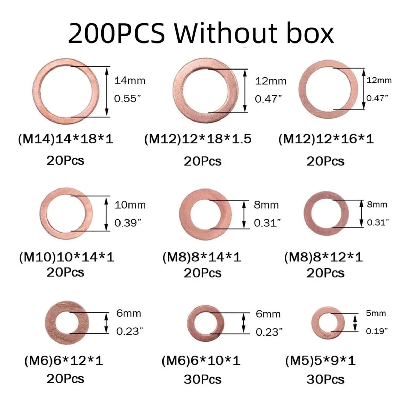 podkładki miedziane, Zestaw podkładek miedzianych, nakrętek i śrub(200PCS Without Box)