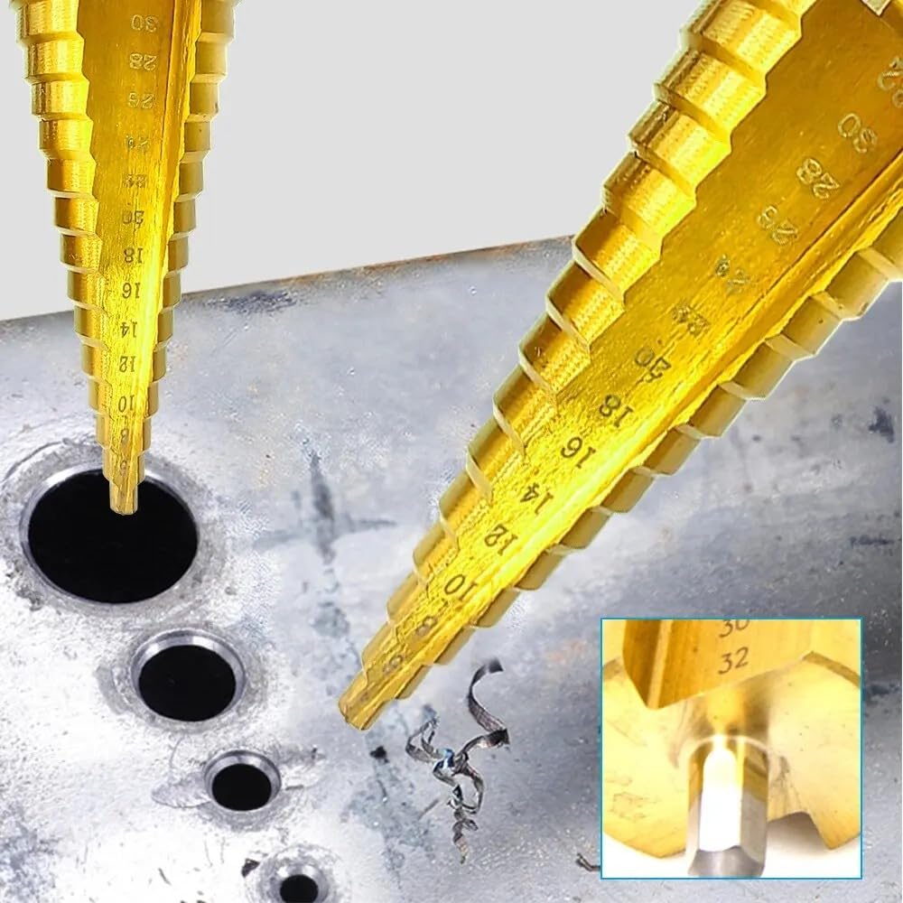 Lagnlnaoy 1PC Titanium Plated Hexagonal Straight Groove Step Drill 4-32mm Reaming Pagoda Drill Bit Hole Opening Step Drill Tool