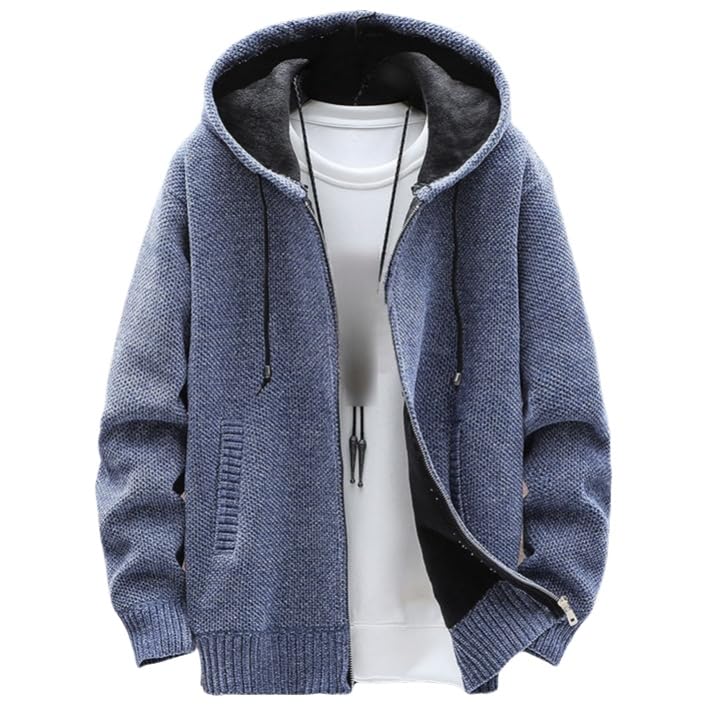 Mens Full Zip Up Hooded Knit Cardigan Lightweight Casual Regular Fit Jacket Long Sleeve Sports Sweater With Pocket (Blue,Medium)