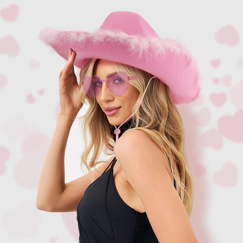 Pink Cowgirl Hat,Cowboy Hats for Women,Pink Heart Sunglasses,Cowgirl Costume,Disco Cowboy Hat with Feathers,Felt Cowboy Hat for Women Western Style,Cowgirl Hats Bachelorette Party Outfit Accessories