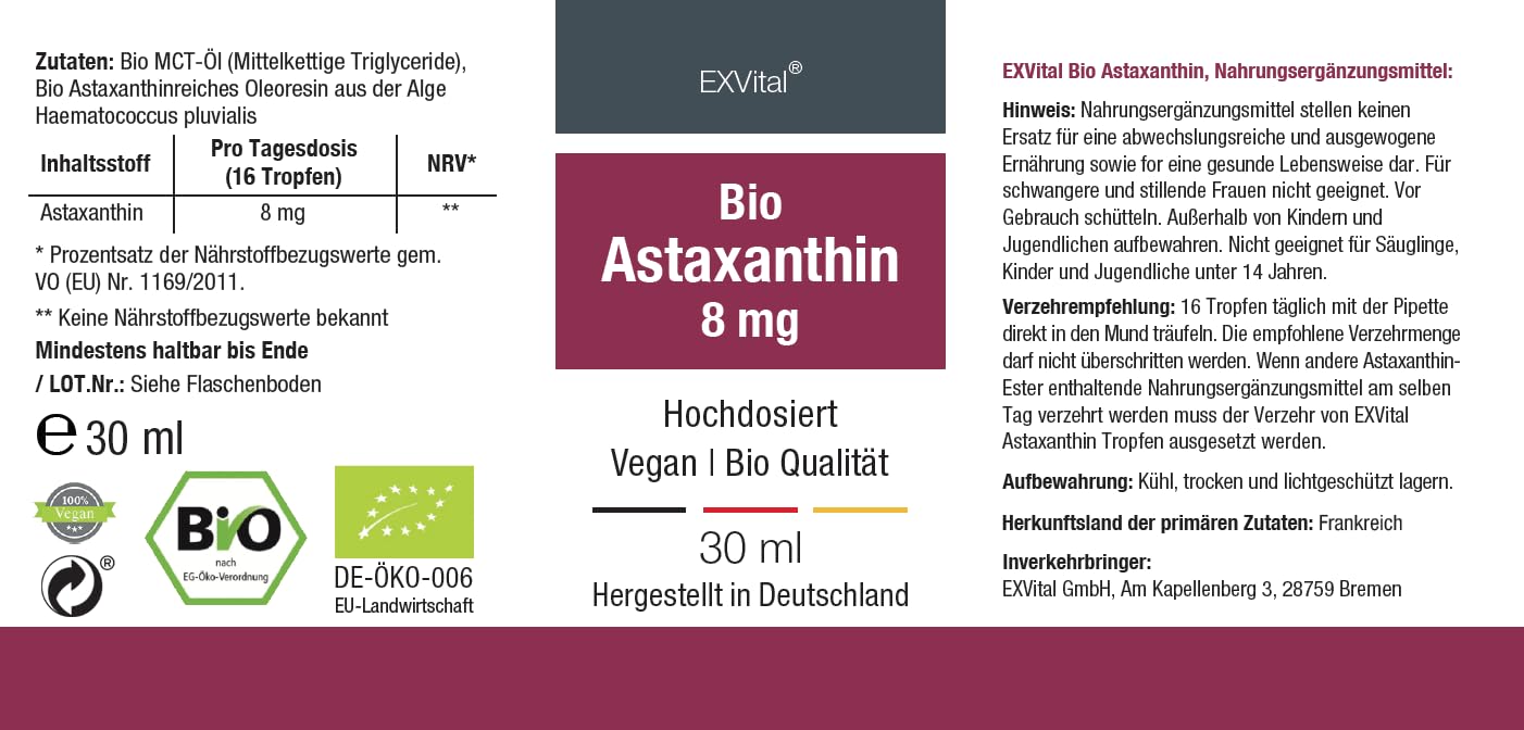 Bio Astaxanthin Tropfen, 8mg Astaxanthin pro Tagesdosis, Hochdosiert & Vegan - 100% natürliches Astaxanthin - Hohe Bioverfügbarkeit - Laborgeprüft, 30 ml