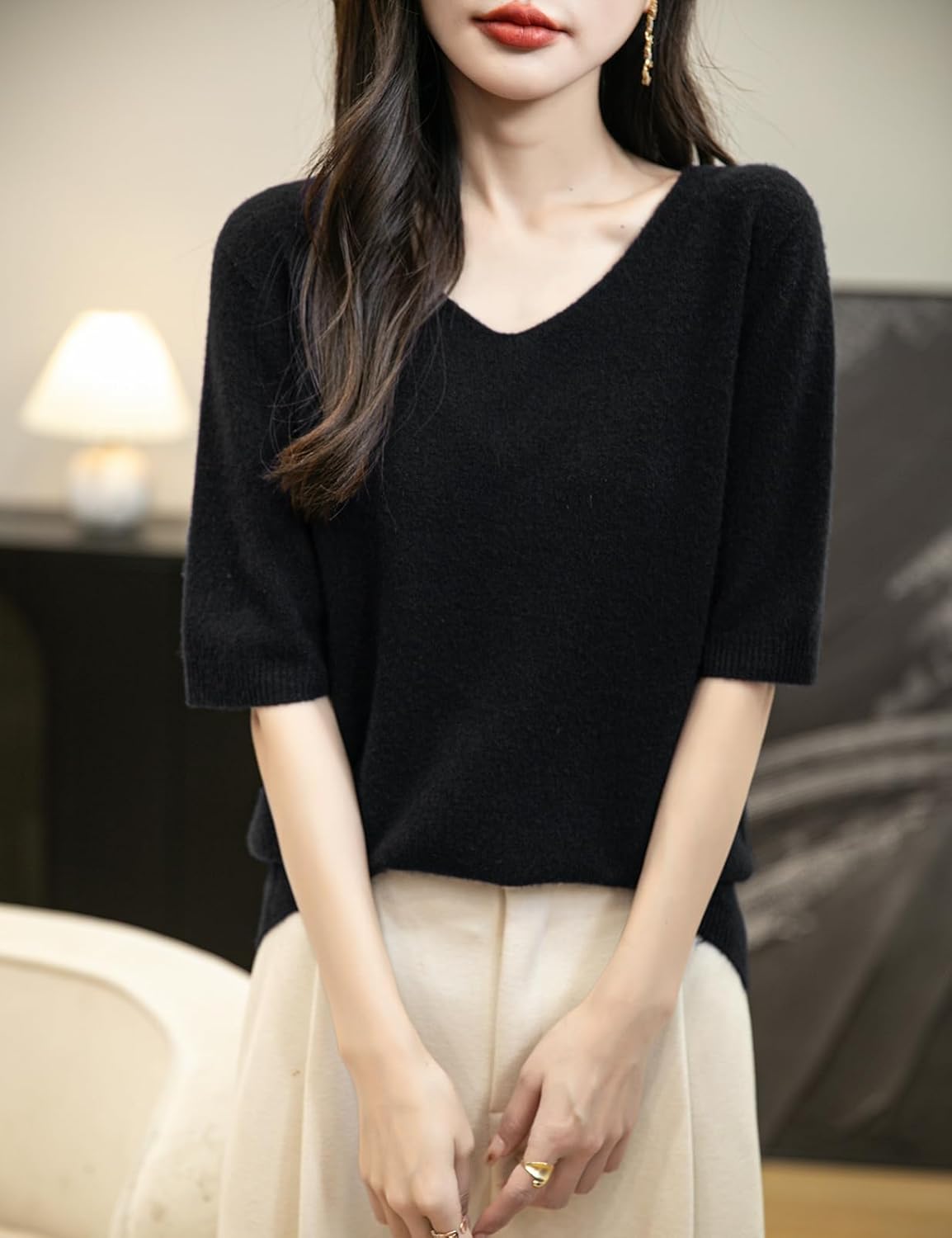 Chanyarn Women's V-Neck 100% Merino Wool Spring Fall Winter First-Line Ready to Wear Seamless Knit Shirt Short Sleeve Sweater - Image 4