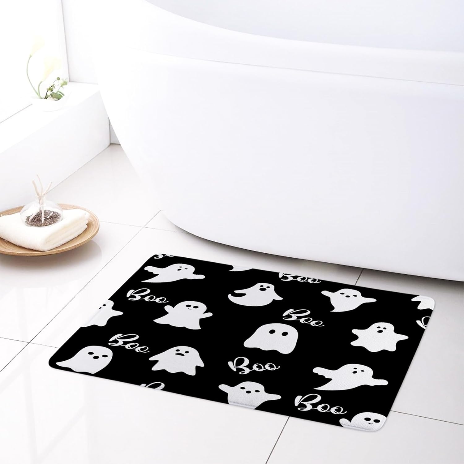 LB Scary Halloween Shower Curtain Sets with Rugs, Gothic Horror Halloween Black and White Ghost Bathroom Sets Shower Curtain with Rugs, Cartoon Themed Bathroom Shower Curtain Set,72x72 inches