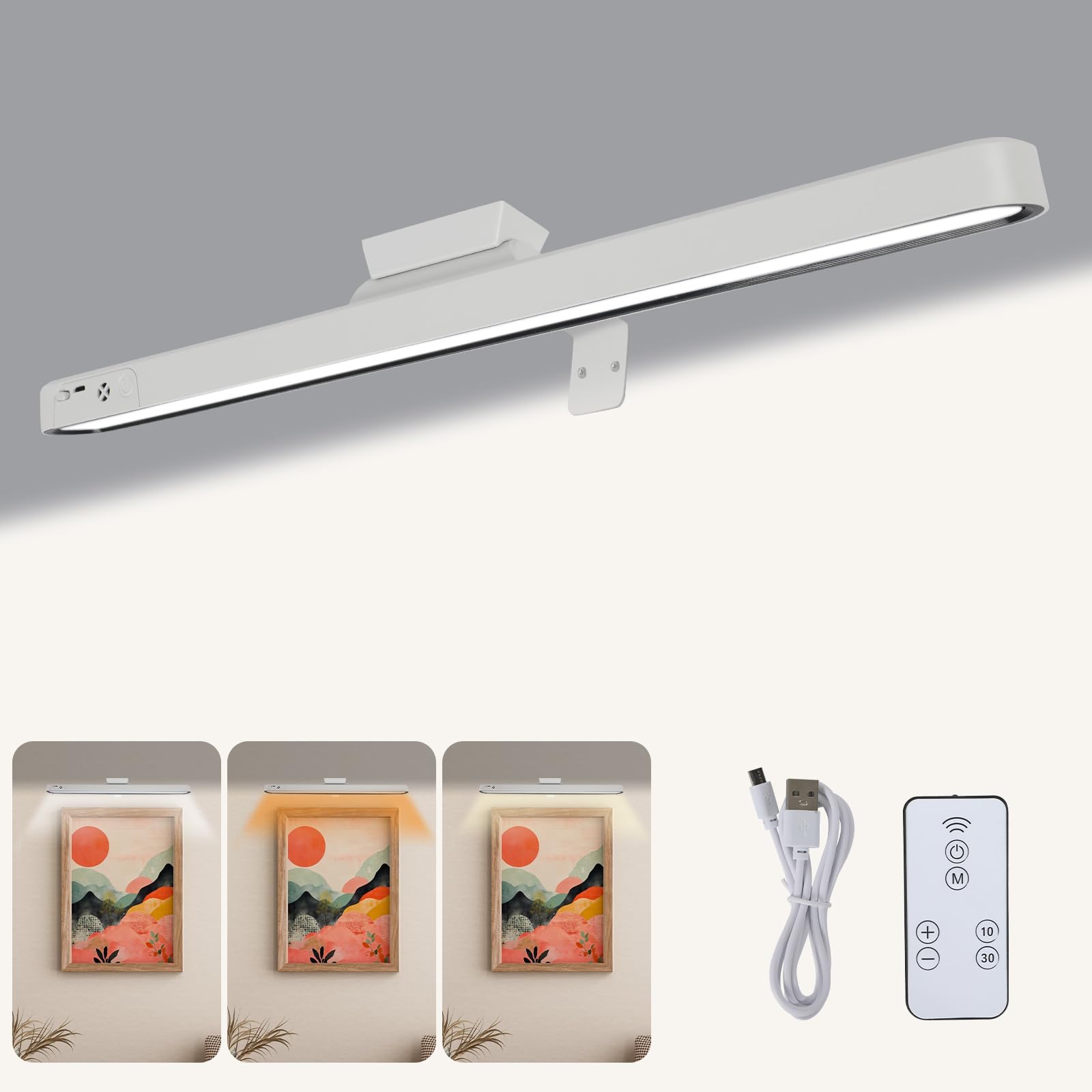 Bildbeleuchtung Kabellos, 5 Farbtemperaturen einstellbare Helligkeit Bilderleuchte Akku mit Fernbedienung, Dimmbar LED Dart Beleuchtung mit Timer für Bild (weiß, 48cm)
