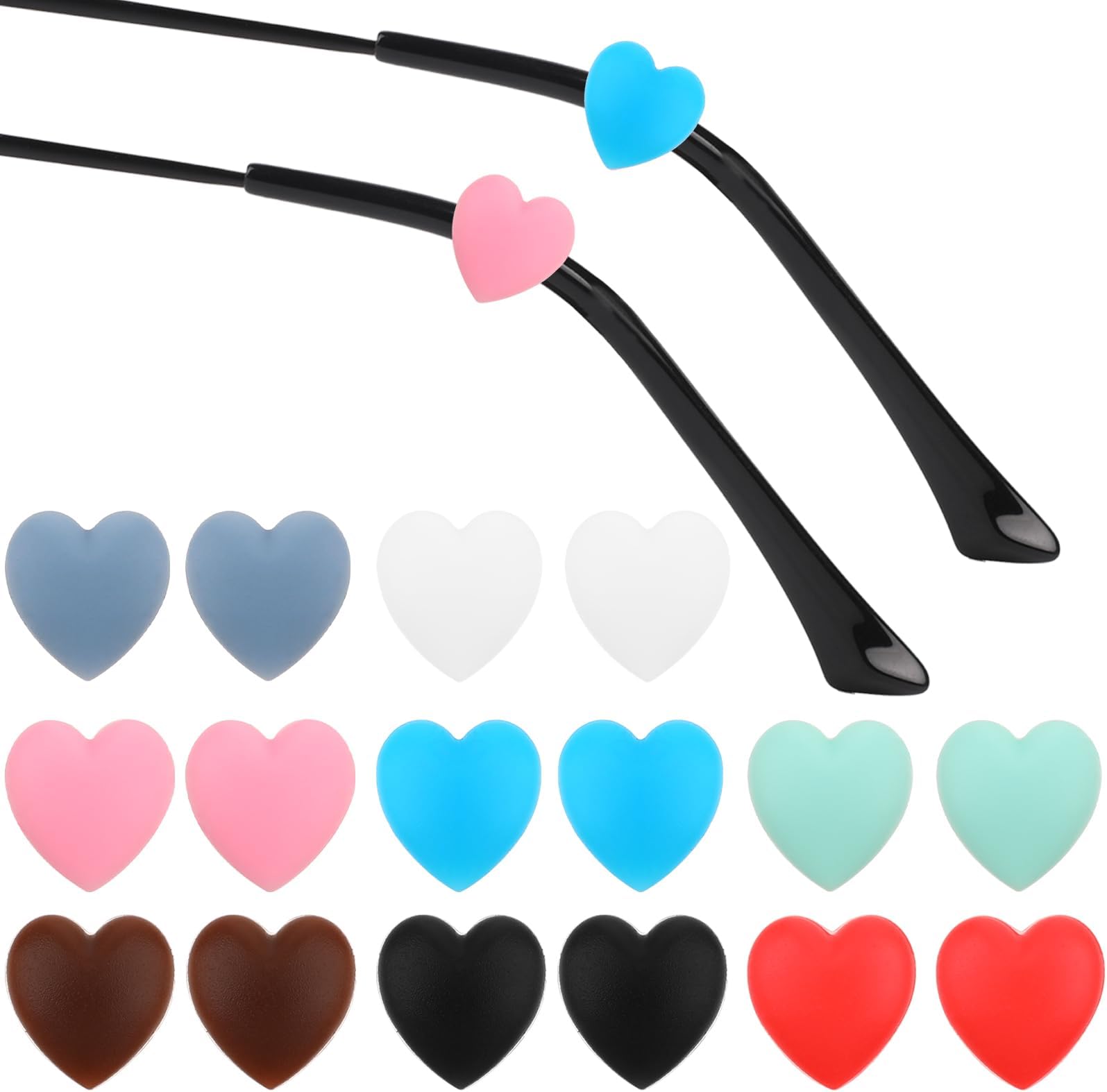 WLLHYF 16 PCS Eyeglass Ear Grip Silicone Soft Comfortable Anti Slip Eyewear Retainer Cute Heart Shaped Ear Hooks Holder Stopper Sunglasses Temple Tips Sleeve for Kids Adults (Multicolored)