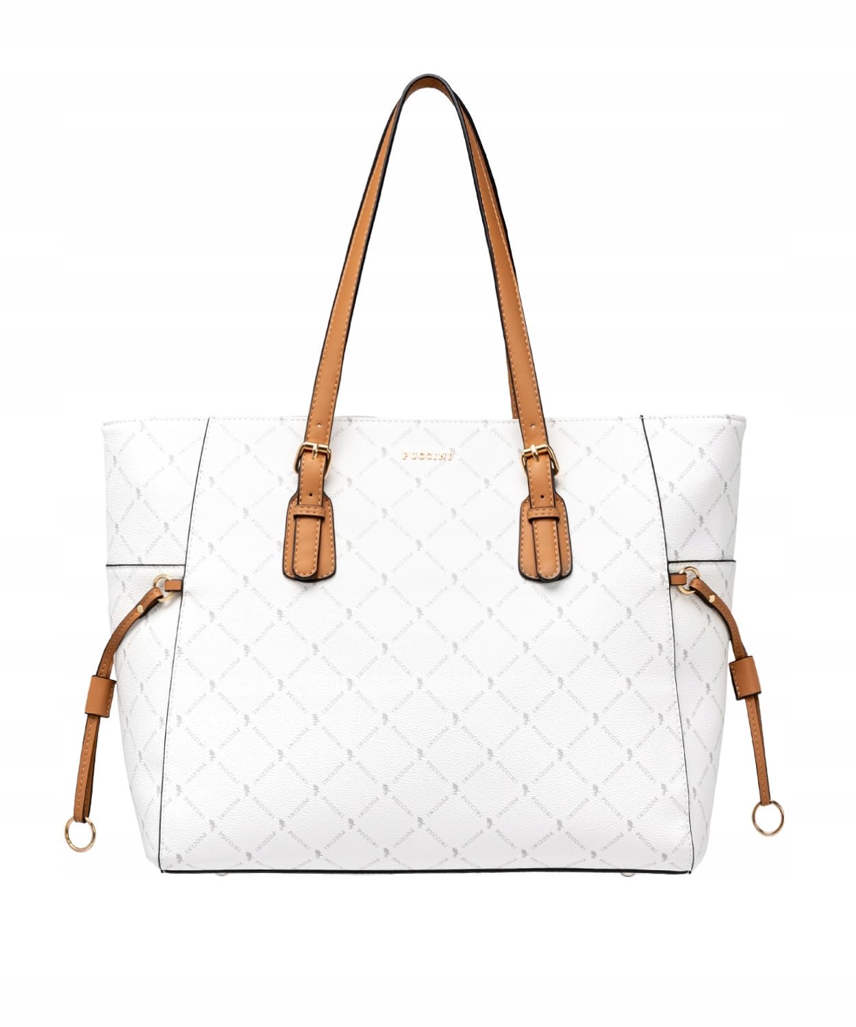 PUCCINI Damska Torebka Shopper, Biała, Duża Mieści A4, Skóra Ekologiczna, Elegancka, Monogram, Z Uchwytami na Ramię, Złote Detale