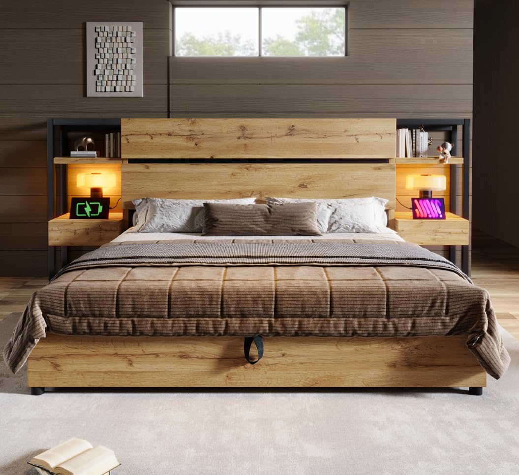 Cama de matrimonio de 160 x 200 cm con cajones y puerto de carga USB y tipo C de madera, cama de almacenamiento hidráulico, cabecero de almacenamiento, somier con listones de madera, acabado