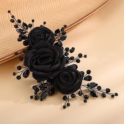 Black Rose Flower Headband Handmade Side Headpiece for Women Girls Halloween Costume Jewelry Hair Accessories