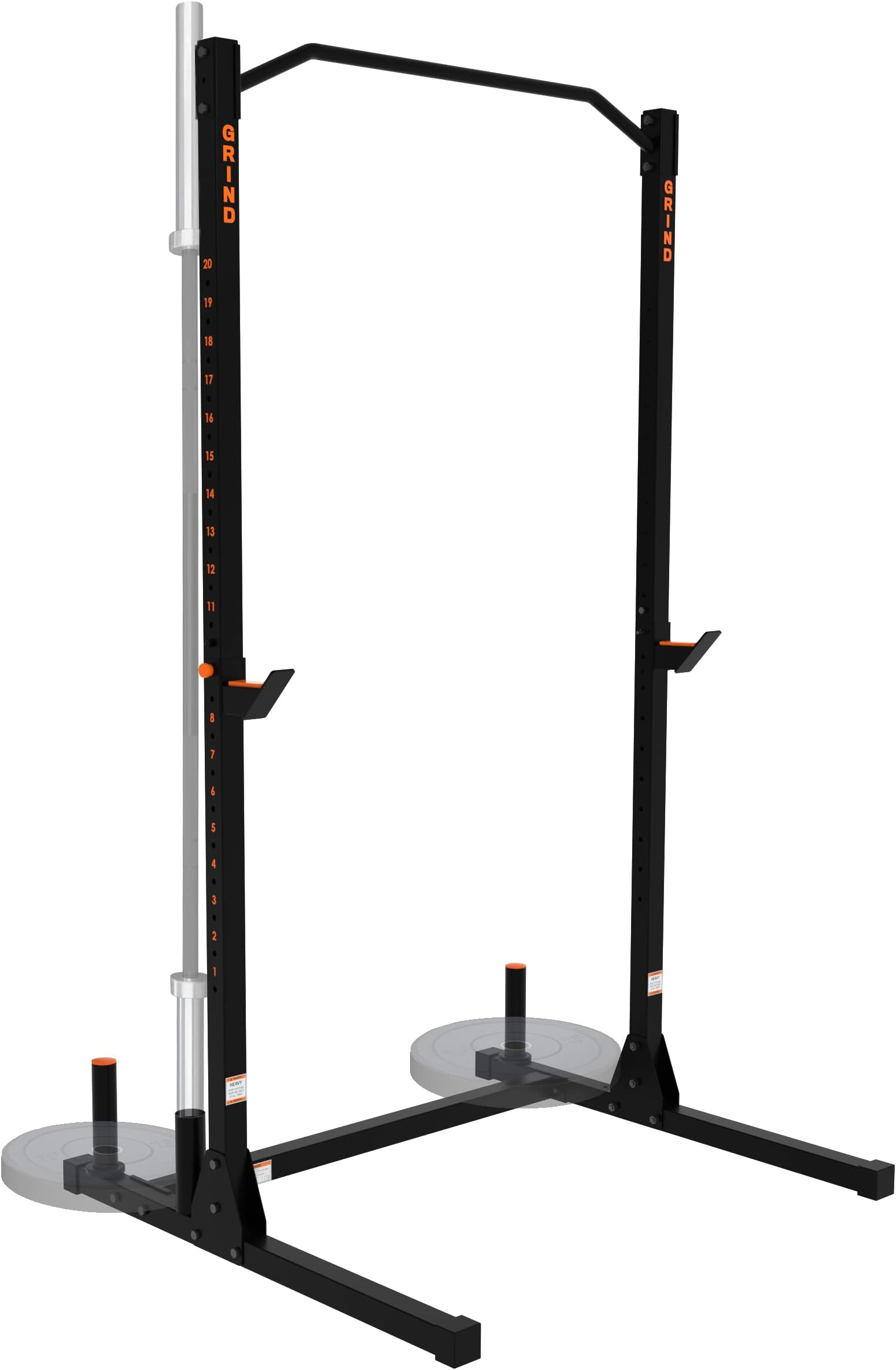 GRIND FITNESS Alpha1000 Squat Stand, Exercise Rack with Pull Up Bar, Barbell Holder and Weight Plate Storage Pegs, 2x2 Steel Uprights, J-Cup 1000 lbs Weight Limit